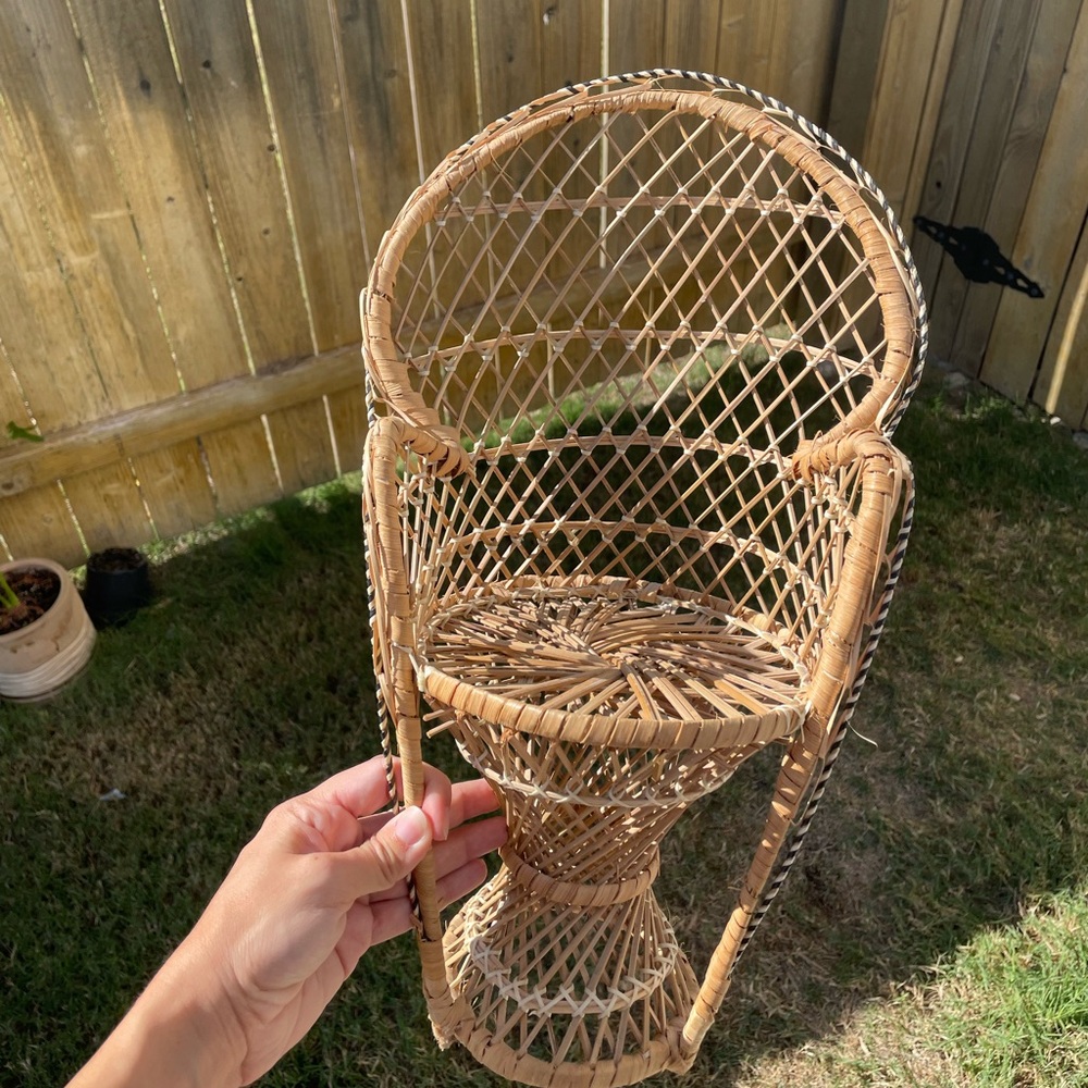 Vintage Mini Peacock Wicker Rattan Chair 16" Doll Or Plant Stand